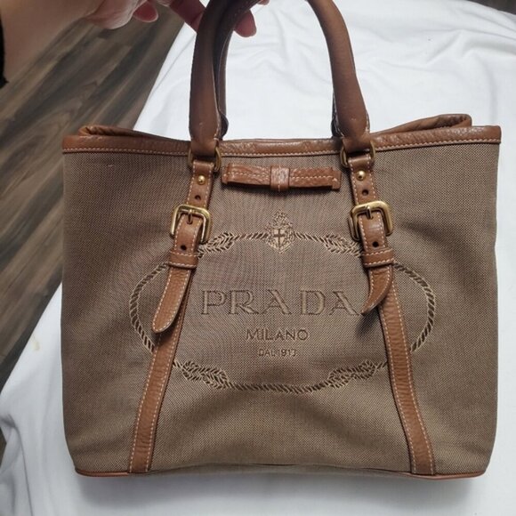 Prada Vintage Leather Canvas Shoulder Top Handle Bag - Picture 4 of 8